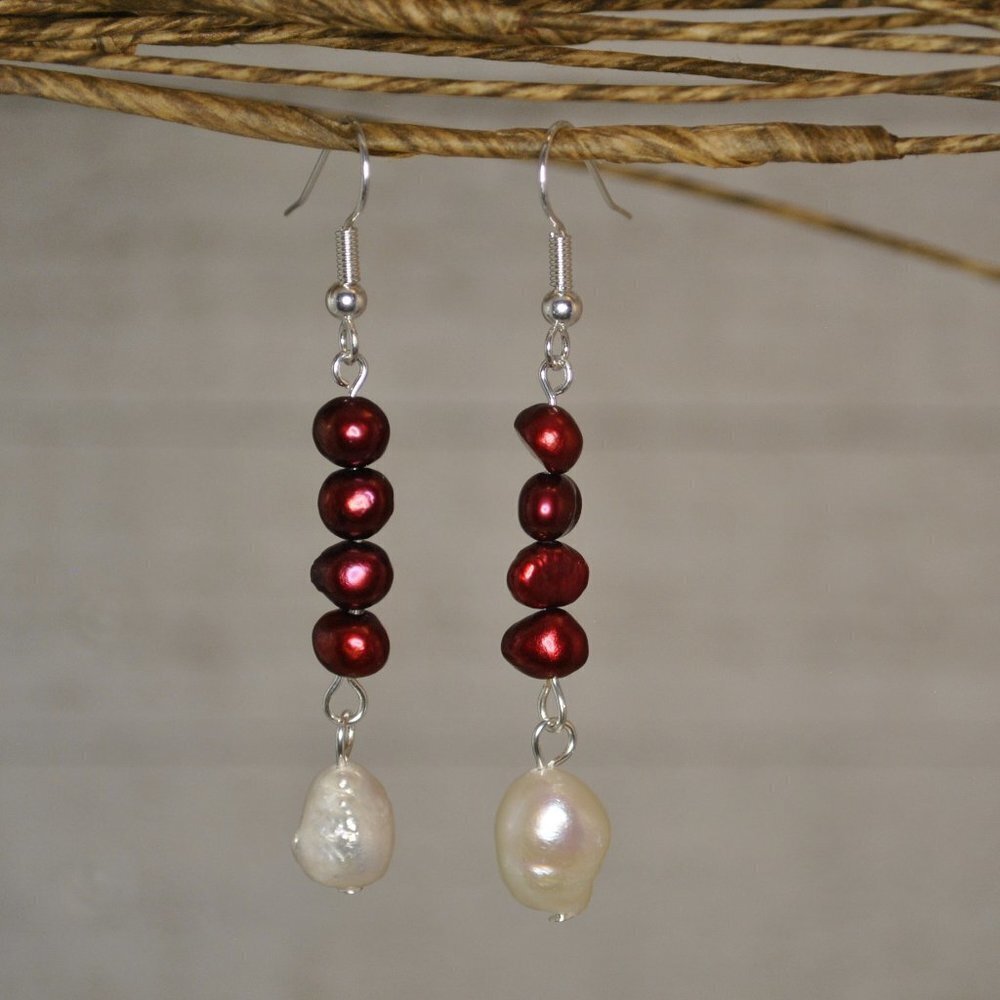 Freshwater Pearl Earrings Handmade Ivory & Crimson Dangle Drop Elegant​​​​